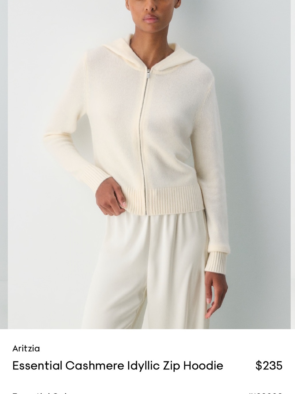 Aritzia Cream Cashmere Zip Hoodie with Hood